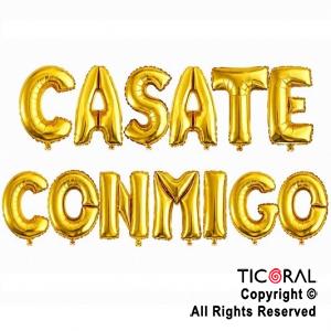 SET DE GLOBOS METALIZADO FRASE CASATE CONMIGO ORO 13 UNIDADES